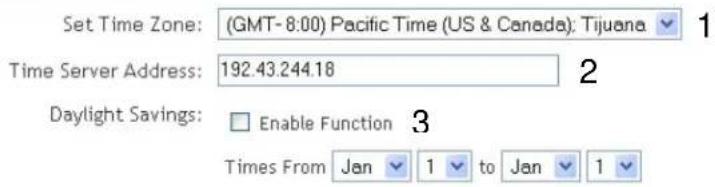 Set Time Zone: (GMT-8:00) Pacific Time (US & Canada): Tijuana Time Server Address: 192.43.244.18 Daylight Savings: Enable Function 3 Times From Jan 1 to Jan 1