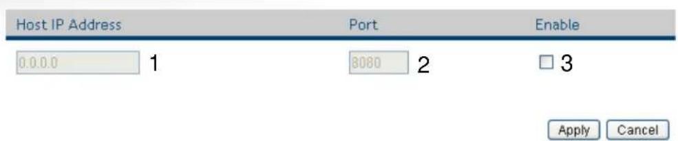 Host IP Address Port Enable 0.0.0.0 1 8080 2 □ 3 Apply Cancel