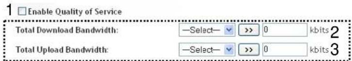 Enable Quality of Service Total Download Bandwidth: -Select- >> 0 kbits 2 Total Upload Bandwidth: -Select- >> 0 kbits 3