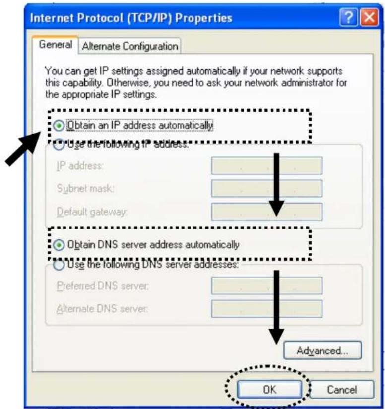 Internet Protocol (TCP/IP) Properties General Alternate Configuration You can get IP settings assigned automatically if your network supports this capability. Otherwise, you need to ask your network administrator for the appropriate IP settings. Obtain an IP address automatically Use the following IP address: IP address: Subnet mask: Default gateway: Obtain DNS server address automatically Use the following DNS server addresses: Preferred DNS server: Alternate DNS server: Advanced... OK Cancel