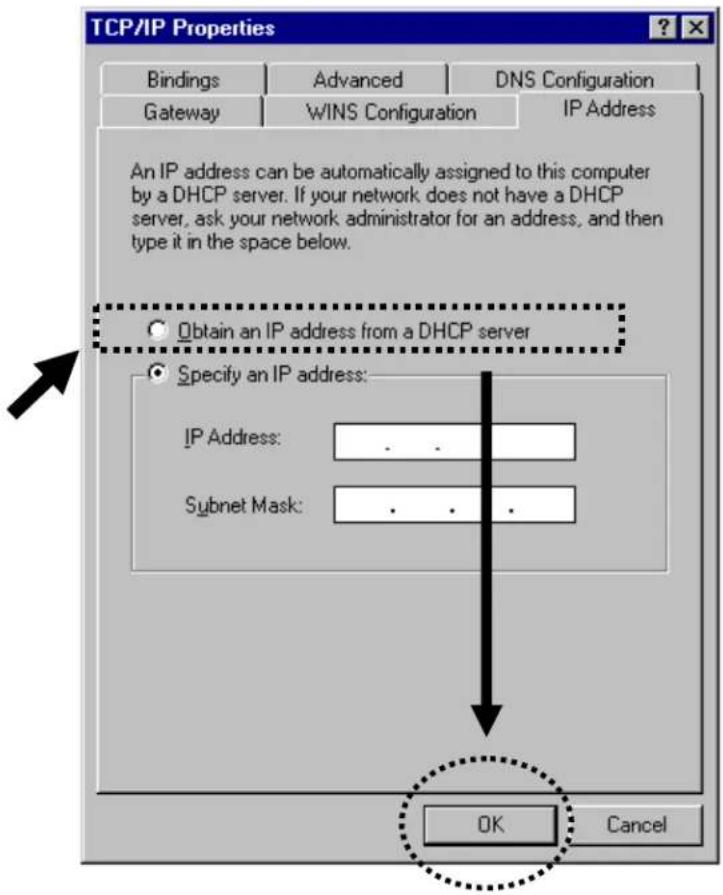 TCP/IP Properties Bindings Advanced DNS Configuration Gateway WINS Configuration IP Address An IP address can be automatically assigned to this computer by a DHCP server. If your network does not have a DHCP server, ask your network administrator for an address, and then type it in the space below. Obtain an IP address from a DHCP server Specify an IP address: IP Address: .. Subnet Mask: .. OK Cancel