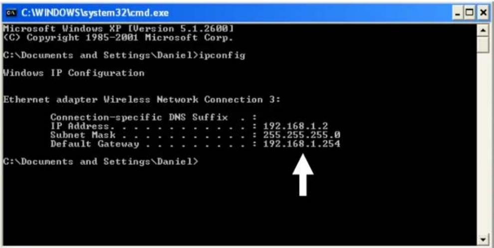 C:\WINDOWS\system32\cmd.exe Microsoft Windows XP [Version 5.1.2600] (C) Copyright 1985-2001 Microsoft Corp. C:\Documents and Settings\Daniel>ipconfig Windows IP Configuration Ethernet adapter Wireless Network Connection 3: Connection-specific DNS Suffix . : IP Address. . . . . . . . . . . . . : 192.168.1.2 Subnet Mask . . . . . . . . . . . : 255.255.255.0 Default Gateway . . . . . . . . . . : 192.168.1.254 C:\Documents and Settings\Daniel>