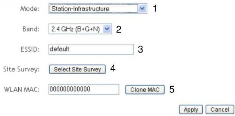 Mode: Station-Infrastructure 1 Band: 2.4 GHz (B+G+N) 2 ESSID: default 3 Site Survey: Select Site Survey 4 WLAN MAC: 000000000000 Clone MAC 5 Apply Cancel