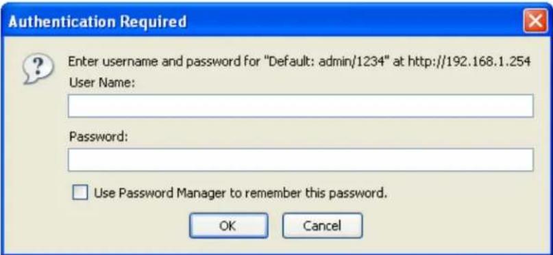 Authentication Required Enter username and password for "Default: admin/1234" at http://192.168.1.254 User Name: Password: Use Password Manager to remember this password. OK Cancel