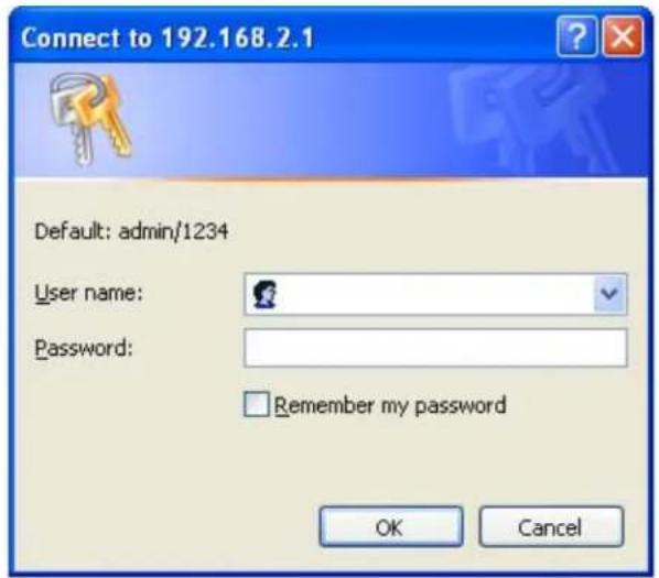 Connect to 192.168.2.1 Default: admin/1234 User name: Password: Remember my password OK Cancel