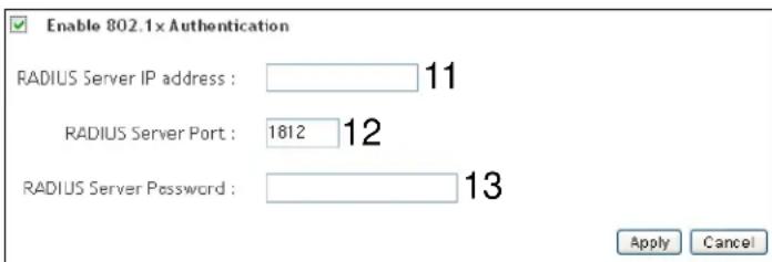 Enable 802.1x Authentication RADIUS Server IP address : 11 RADIUS Server Port : 1812 12 RADIUS Server Password : 13 Apply Cancel
