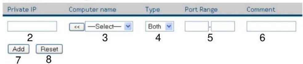 Private IP Computer name Type Port Range Comment 2 << —Select— Both 4 5 6 Add Reset 7 8