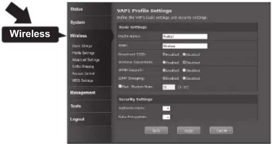 VAPI Profile Settings define the VAPI's basic settings and security settings. Basic Settings Profile name: Profile1 Network: Windows Description SSD: Enabled Checked Wireless Separations: Enabled Checked WMM Support: Enabled Checked GMP Selecting: Enabled Checked Bus Station Nam: 10 (1:37) Security Settings Authentication: Data Presumption: Back Apply Cancel Wireless Tools Logout