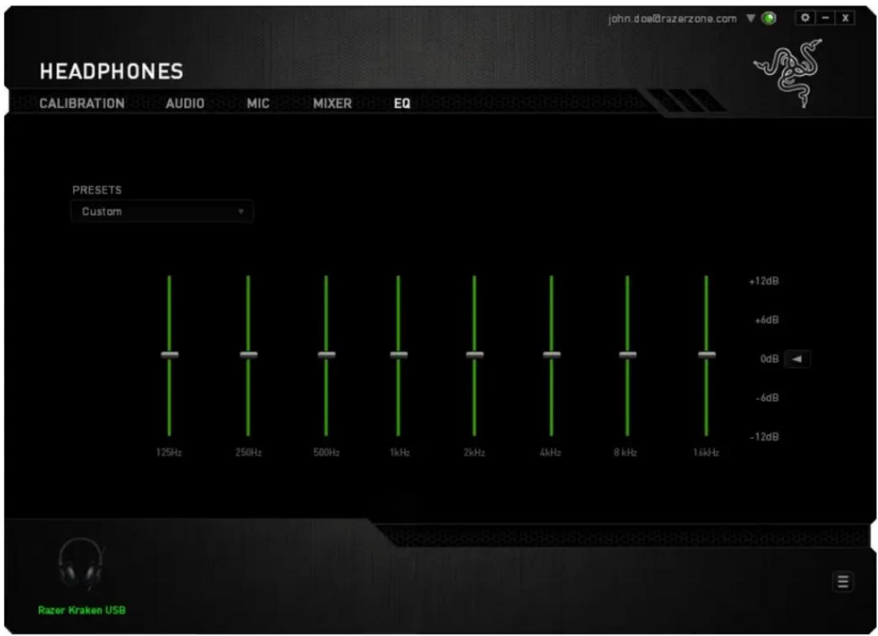 HEADPHONES CALIBRATION AUDIO MIC MIXER EQ PRESETS Custom +12dB +6dB 0dB -6dB -12dB 125Hz 250Hz 500Hz 1kHz 2kHz 4kHz 8 kHz 16kHz Razer Kraken USB