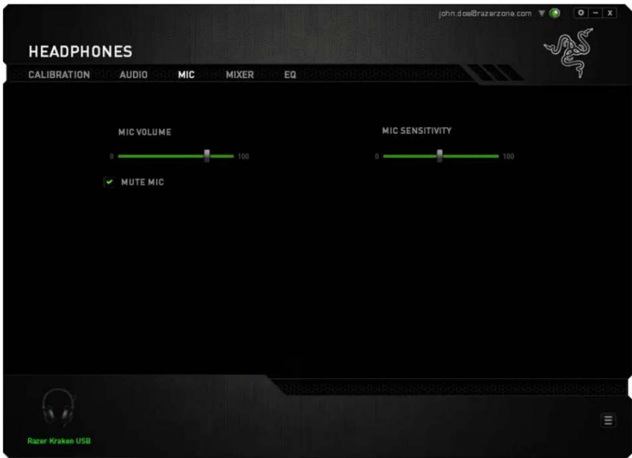 HEADPHONES CALIBRATION AUDIO MIC MIXER EQ MIC VOLUME 0 100 ✓ MUTE MIC MIC SENSITIVITY 0 100 Razer Kraken USB