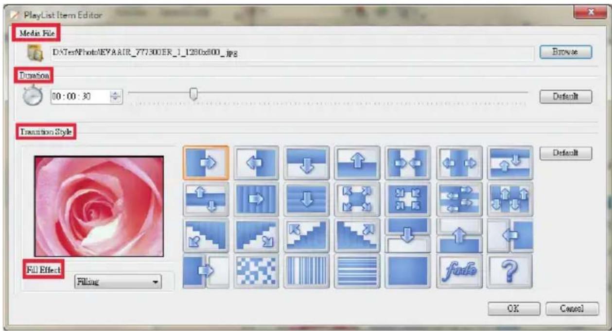 PlayList Item Editor Media File DATestPhotoKEYAAIR_777300ER_1_1280x800.jpg Browse Duration 00:00:30 Default Transition Style Fill Effect Filling OK Cancel