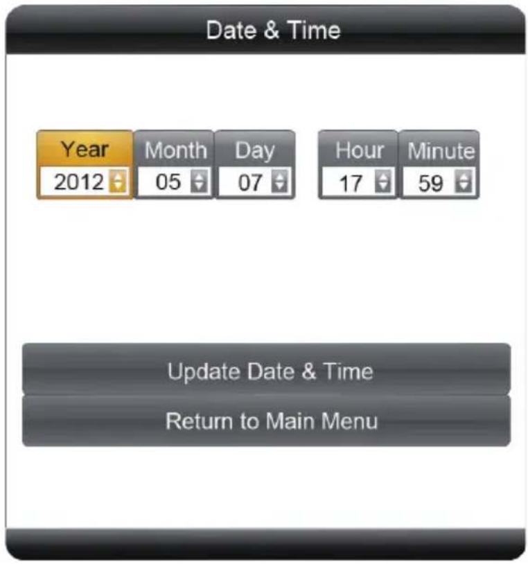 Date & Time Year 2012 Month 05 Day 07 Hour 17 Minute 59 Update Date & Time Return to Main Menu