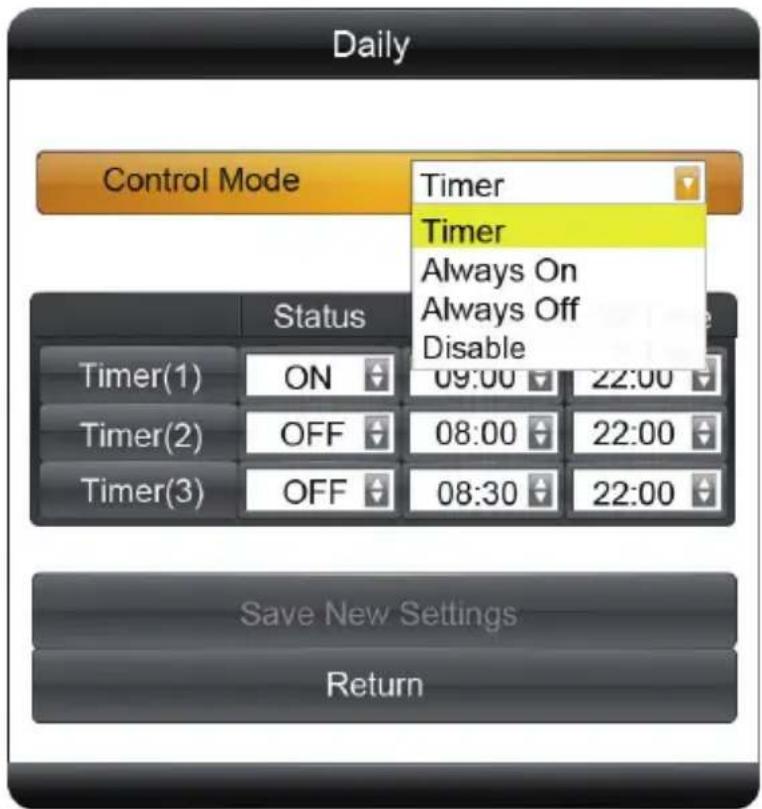Daily Control Mode Timer Timer Always On Always Off Disable Status Timer(1) ON 09:00 22:00 Timer(2) OFF 08:00 22:00 Timer(3) OFF 08:30 22:00 Save New Settings Return