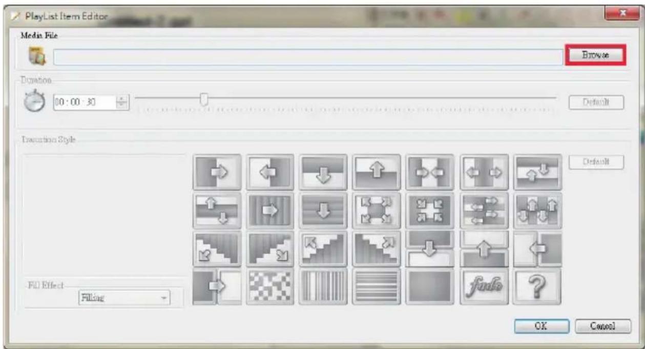 PlayList Item Editor Media File Browse Duration 00:00:30 Default Transition Style Fill Effect Filing OK Cancel