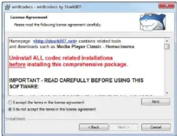 winBcodocs - winBcodocs by Shark007 License Agreement Please read the following license agreement carefully. Homepage: contains related tools and downloads such as Media Player Classic - Homecinoma. Uninstall ALL codec related installations before installing this comprehensive package. IMPORTANT - READ CAREFULLY BEFORE USING THIS SOFTWARE: I accept the terms in the license agreement I do not accept the terms in the license agreement InstallShield < Back Next > Cancel