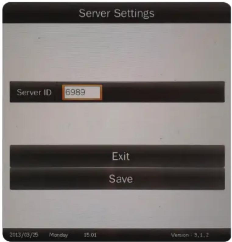 Server Settings Server ID 6989 Exit Save 2013/03/25 Monday 15:01 Version : 3.1.2