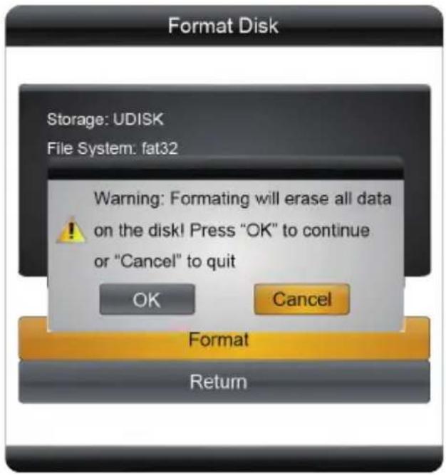 Format Disk Storage: UDISK File System: fat32 Warning: Formating will erase all data on the disk! Press "OK" to continue or "Cancel" to quit OK Cancel Format Return