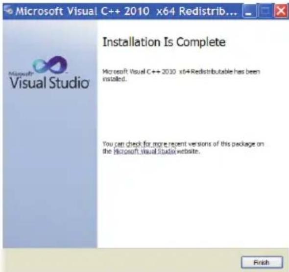 Microsoft Visual C++ 2010 x64 Redistrib... Installation Is Complete Microsoft Visual C++ 2010 x64 Redistributable has been installed. You can check for more recent versions of this package on the Microsoft Visual Studio website. Finish