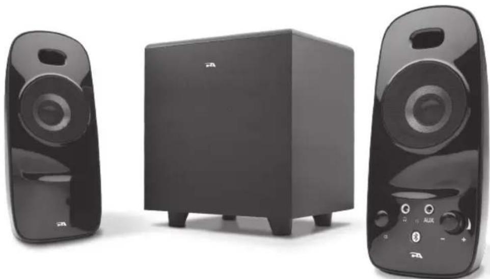 Three black audio/video speakers with different speaker bases and sound equipment, displayed against a white background (no visible text or symbols)