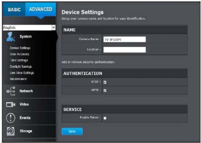 BASIC ADVANCED Device Settings Setup your camera name and location for easy identification. English System Device Settings User Accounts Time Settings Denlight Savings Live View Settings Maintenance Network Video Events Storage NAME Camera Name : TV-JP320PE Location : add or remove security authorization. AUTHENTICATION RTSP : HTTP : SERVICE Enable Telnet : Save