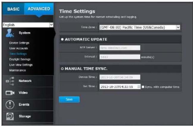 BASIC ADVANCED English System Device Settings User Accounts Time Settings Daylight Savings Live View Settings Maintenance Network Video Events Storage Time Settings Set up the system time for corner scheduling and logging. Time Zone : (GMT-08:00) Pacific Time (US&Canada) ● AUTOMATIC UPDATE NTP Server : time.windows.com Interval : 1443 minuta(s) ○ MANUAL TIME SYNC. Device Time : 2013-10-30T04:34:59 Set Time : 2013-10-30T04:33:55 Sync with computer time Save