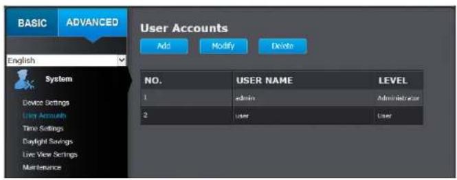 BASIC ADVANCED English User Accounts Add Modify Delete System NO. USER NAME LEVEL 1 admin Administrator 2 user User