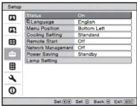 Setup Status On Language English Menu Position Bottom Left Cooling Setting Standard Remote Start Off Network Management Off Power Saving Standby Lamp Setting Sel: Set Back Exit: MINI