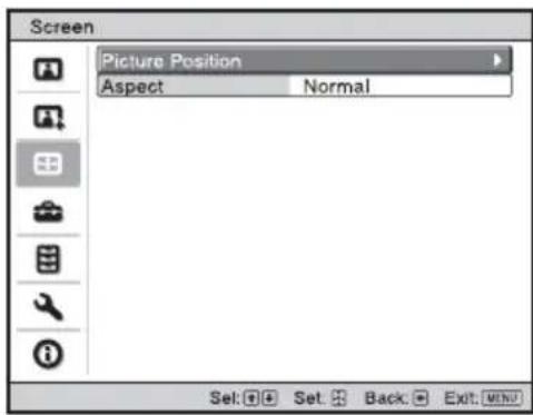 Screen Picture Position Aspect Normal Sel Set Back Exit MENU