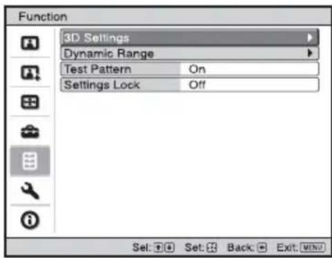 Function 3D Settings Dynamic Range Test Pattern On Settings Lock Off Set: Set: Back: Exit: MINI