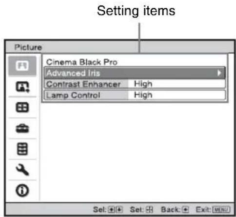 Setting items Picture Cinema Black Pro Advanced Iris Contrast Enhancer High Lamp Control High Set: Set: Back: Exit: MENU