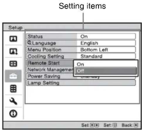 Setting items Setup Status On Language English Menu Position Bottom Left Cooling Setting Standard Remote Start On Network Management Off Power Saving Lamp Setting Set Set Back