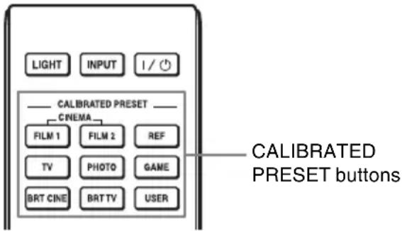 LIGHT INPUT 1/ CALBRATED PRESET CINEMA FILM 1 FILM 2 REF TV PHOTO GAME BRT CINE BRT TV USER CALIBRATED PRESET buttons