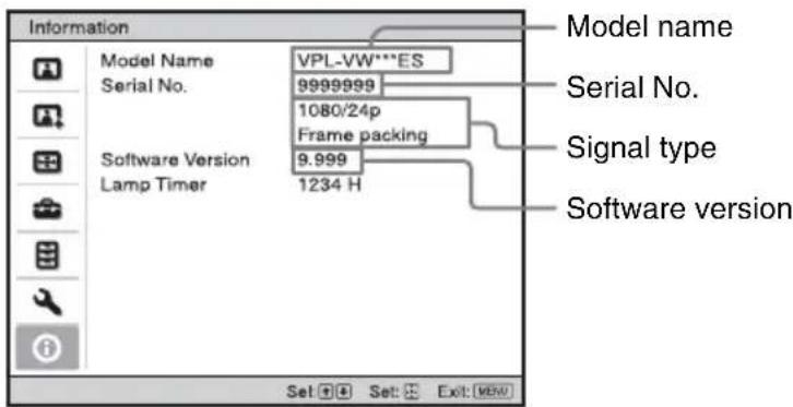 Information Model Name Serial No. VPL-VW***ES 9999999 1080/24p Frame packing Software Version Lamp Timer 9.999 1234 H Set Set: Exit: [OK]