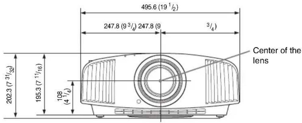 495.6 (19 1/2) 247.8 (9 3/4) 247.8 (9 3/4) Center of the lens 202.3 (7 31/32) 195.3 (7 11/16) 108 (4 1/4)