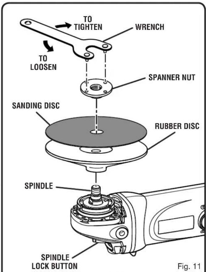 TO TIGHTEN WRENCH TO LOOSEN SPANNER NUT SANDING DISC RUBBER DISC SPINDLE SPINDLE LOCK BUTTON Fig. 11