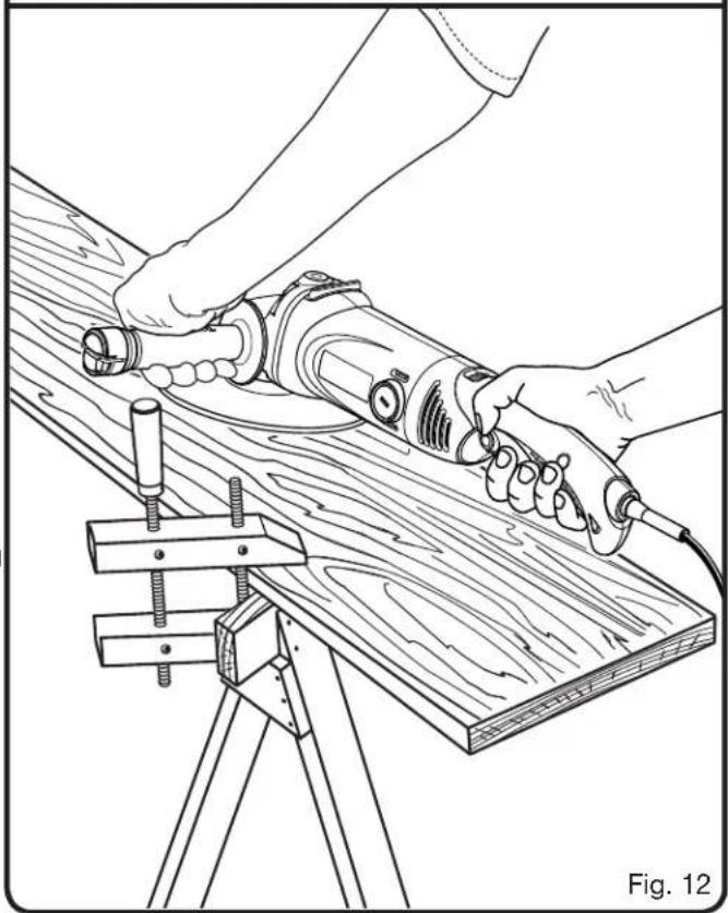 Line drawing of hands using a power tool on a wooden surface with a clamping setup (no text or symbols)