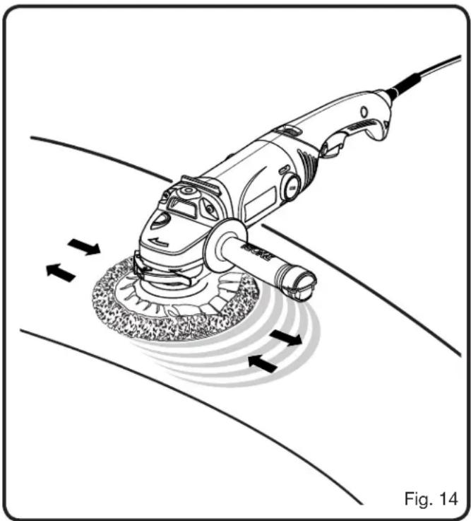 Illustration of a power tool in action on a curved surface, showing motion arrows (no text or symbols)