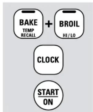 BAKE TEMP RECALL + BROIL HI / LO CLOCK START ON