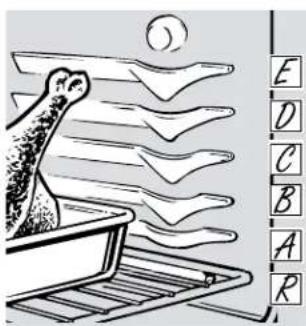 Illustration showing a bird feeding from a tray with wavy layers and labeled letter tiles (A–R) on the right.