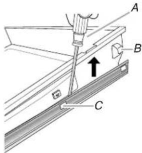 Technical diagram showing a mechanical assembly with labeled parts A, B, and C, including an upward arrow indicating motion or force.