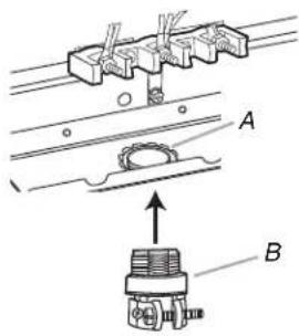 Technical diagram showing mechanical assembly with labeled parts A and B, including a directional arrow indicating motion or force.