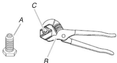 Technical diagram showing a screw and a pliers with labeled parts A, B, and C