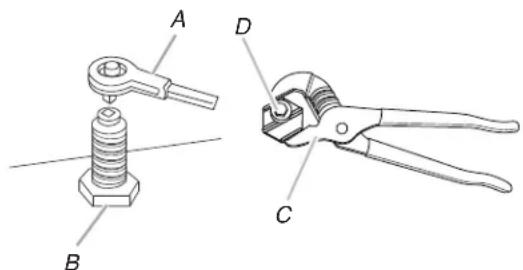 Technical diagram showing two types of pipe crimping tools labeled A, B, C, and D with their respective parts.