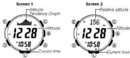 Screen 1 Attitude Tendency Graph 12.28 '10:58' Current time Screen 2 Relative altitude 156 '10:58' Current time Attitude B A E C D