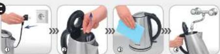 Step-by-step cooking process showing kettle being added to a water heater, with numbered steps and a digital timer.