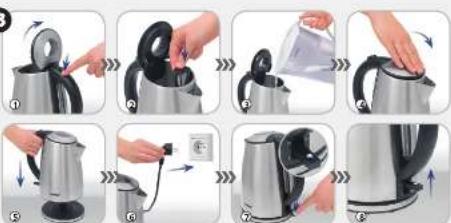 Step-by-step sequence showing a hand pouring liquid into a kettle, with numbered steps and directional arrows indicating process flow.