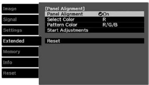 [Panel Alignment] Panel Alignment On Select Color R Pattern Color R/G/B Start Adjustments Reset Extended Reset Memory Info Reset