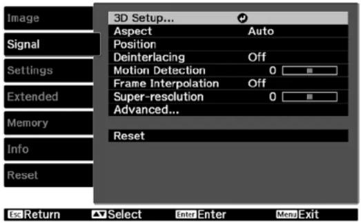 Image Signal Settings Extended Memory Info Reset 3D Setup... Aspect Auto Position Deinterlacing Off Motion Detection 0 Frame Interpolation Off Super-resolution 0 Advanced... Reset OK Return Select Enter Menu Exit
