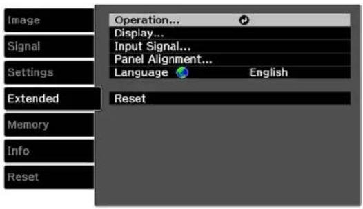 Image Signal Settings Extended Memory Info Reset Operation... Display... Input Signal... Panel Alignment... Language English Reset