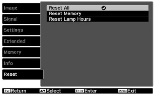 Image Signal Settings Extended Memory Info Reset Reset All Reset Memory Reset Lamp Hours ESC Return Select Enter Enter Man/Exit